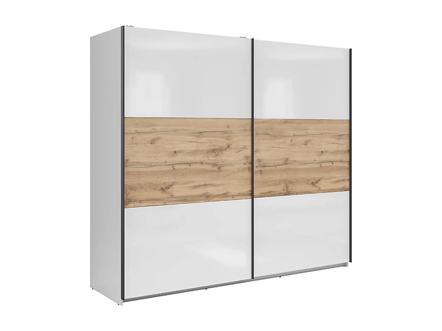 Armoire à 2 portes coulissante coloris Blanc brillant/Chêne wotan - Longueur 220 x Profondeur 60 x Hauteur 195,5 cm