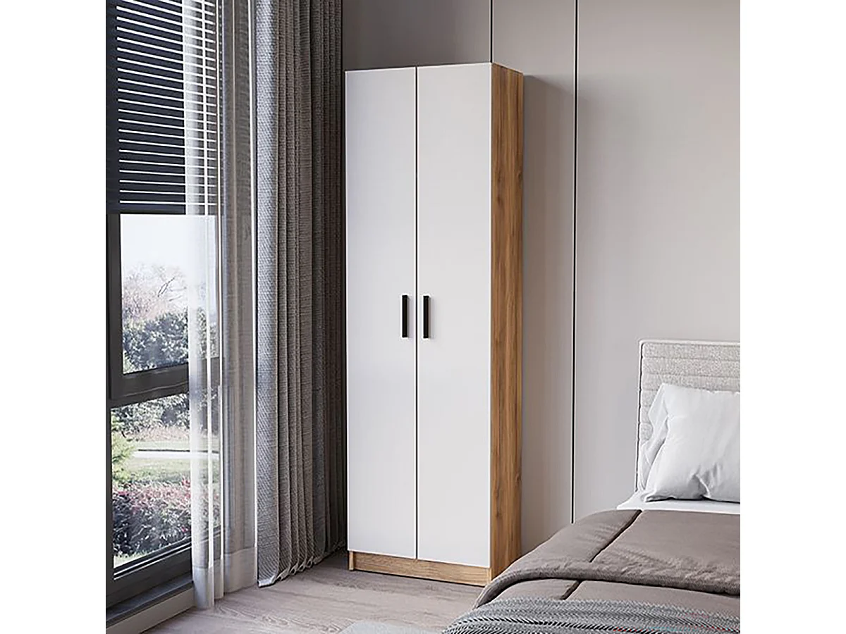 Armoire Placard meuble multifonctionnel à 2 portes et 4 étagères coloris Beige/chêne Mauvella - Longueur 60 x Hauteur 180 x Profondeur 34,4 cm