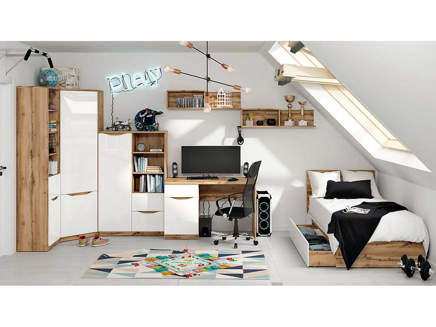 Armoire Placard d'angle 1 porte coloris Chêne wotan/Blanc brillant - Longueur 78 x Profondeur 78 x Hauteur 198cm