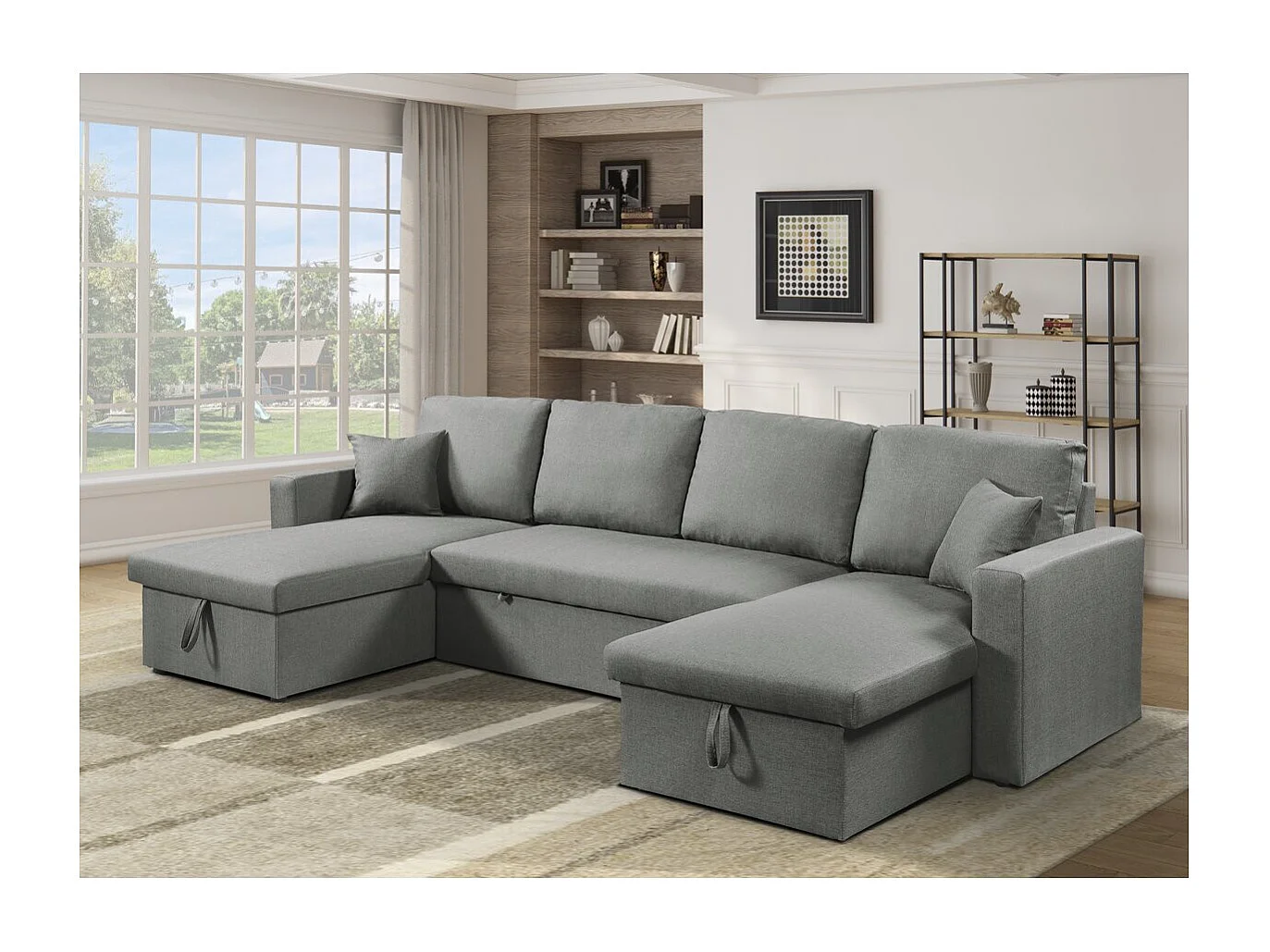 Canapé panoramique convertible en tissu "Alain" - 4 places - Gris