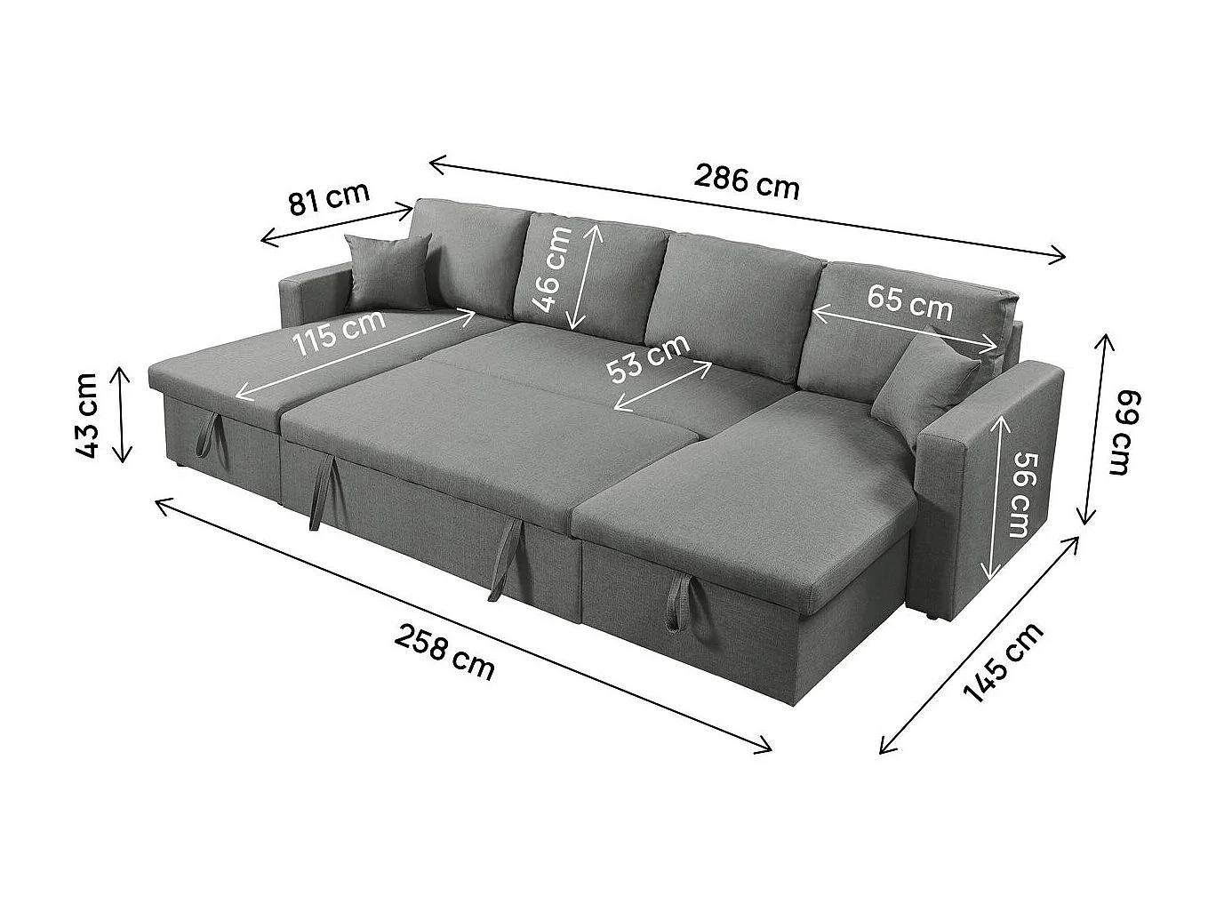 Canapé panoramique convertible en tissu "Alain" - 4 places - Gris