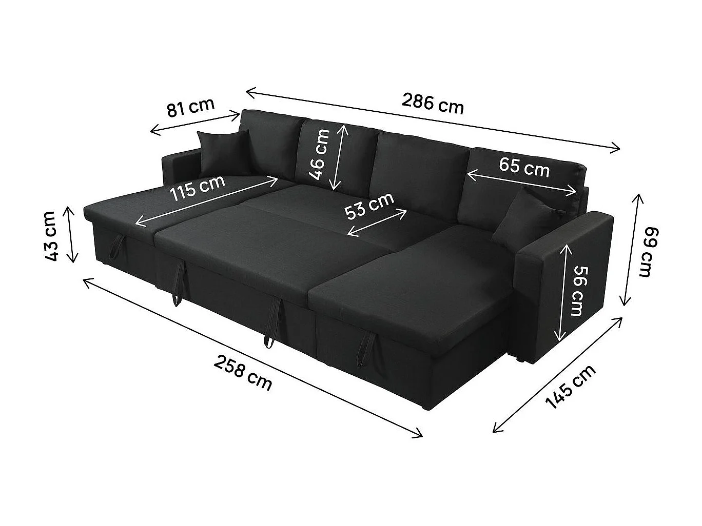 Canapé panoramique convertible en tissu "Alain" - 4 places - Noir
