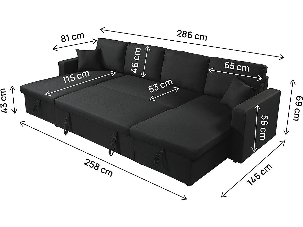 Canapé d'angle panoramique convertible 4 places en velours noir ALAIN