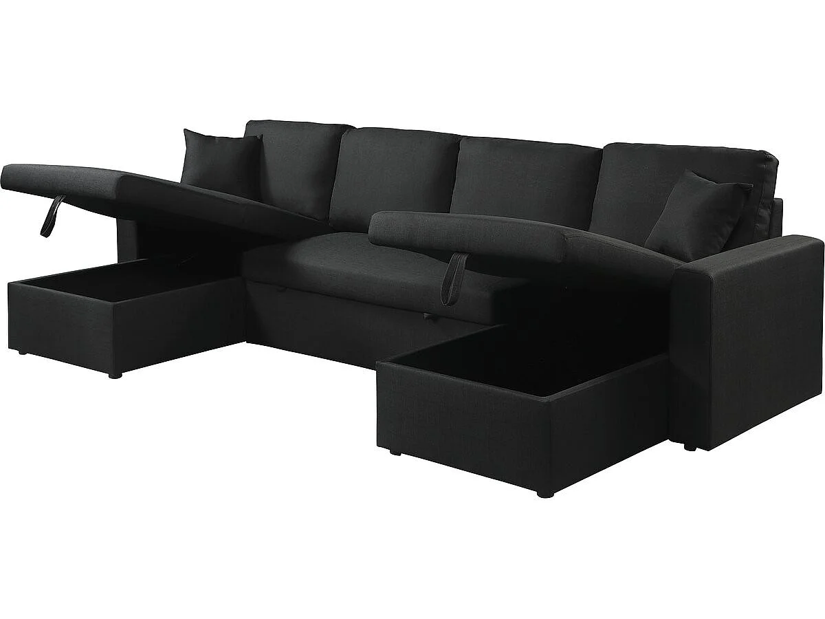 Canapé d'angle panoramique convertible 4 places en velours noir ALAIN