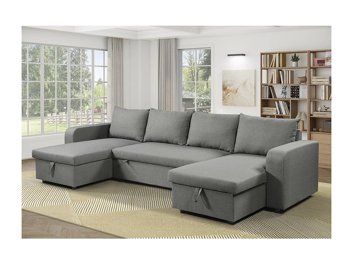 Canapé panoramique convertible en tissu "Victor" - 4 places - Gris