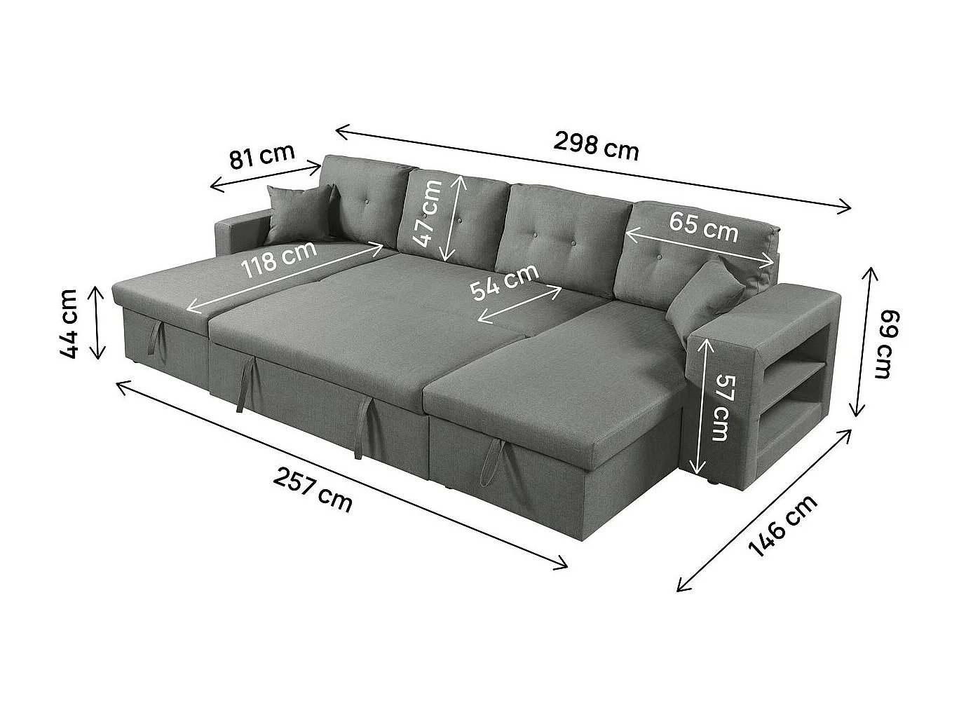 Canapé panoramique convertible en tissu "Axel" - 4 places - Gris