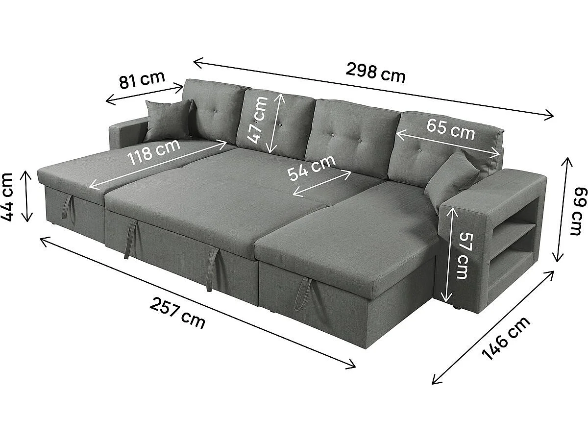 Canapé d'angle panoramique convertible 4 places en velours gris AXEL