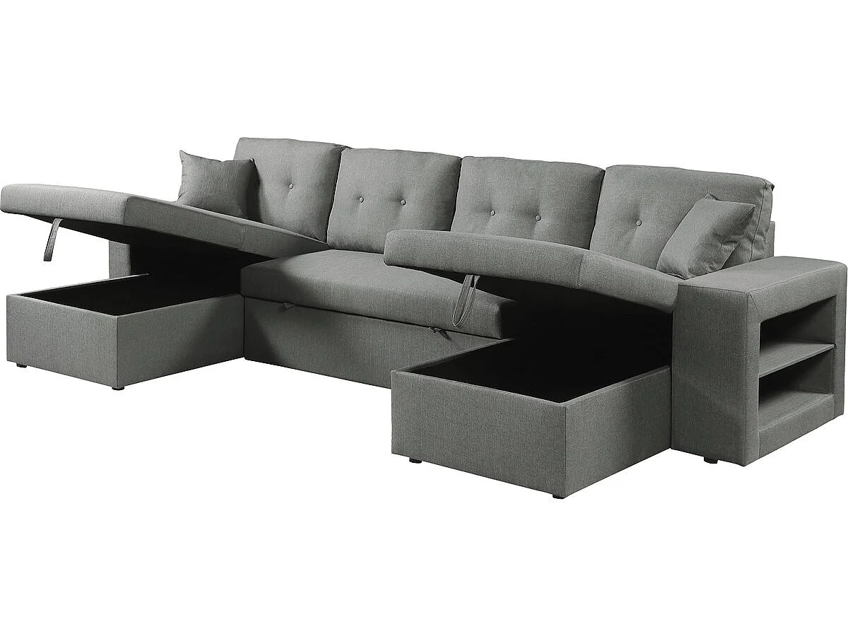 Canapé d'angle panoramique convertible 4 places en velours gris AXEL