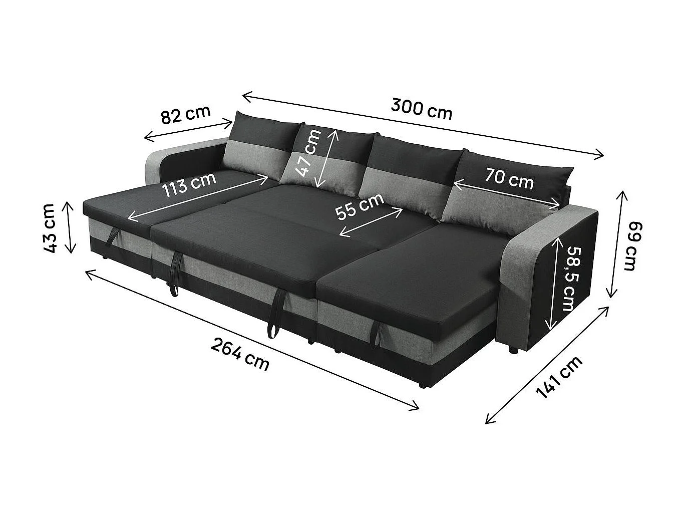 Canapé panoramique convertible en tissu "Victor" - 4 places - Noir