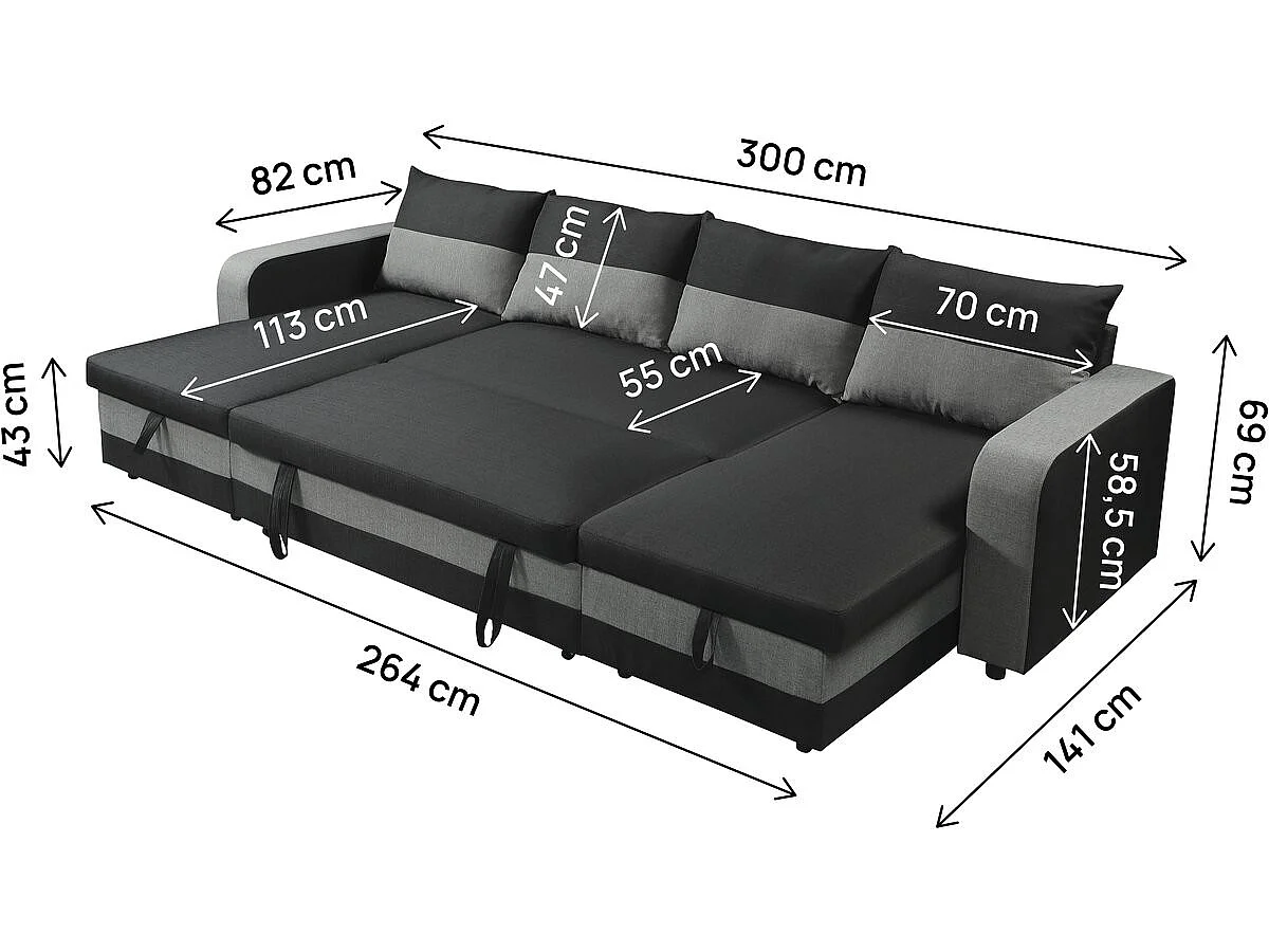 Canapé d'angle panoramique convertible 4 places en velours noir VICTOR