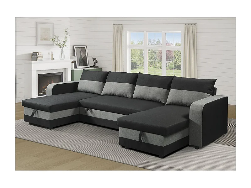 Sofá panorâmico convertível "Victor" em tecido - 4 lugares - Preto