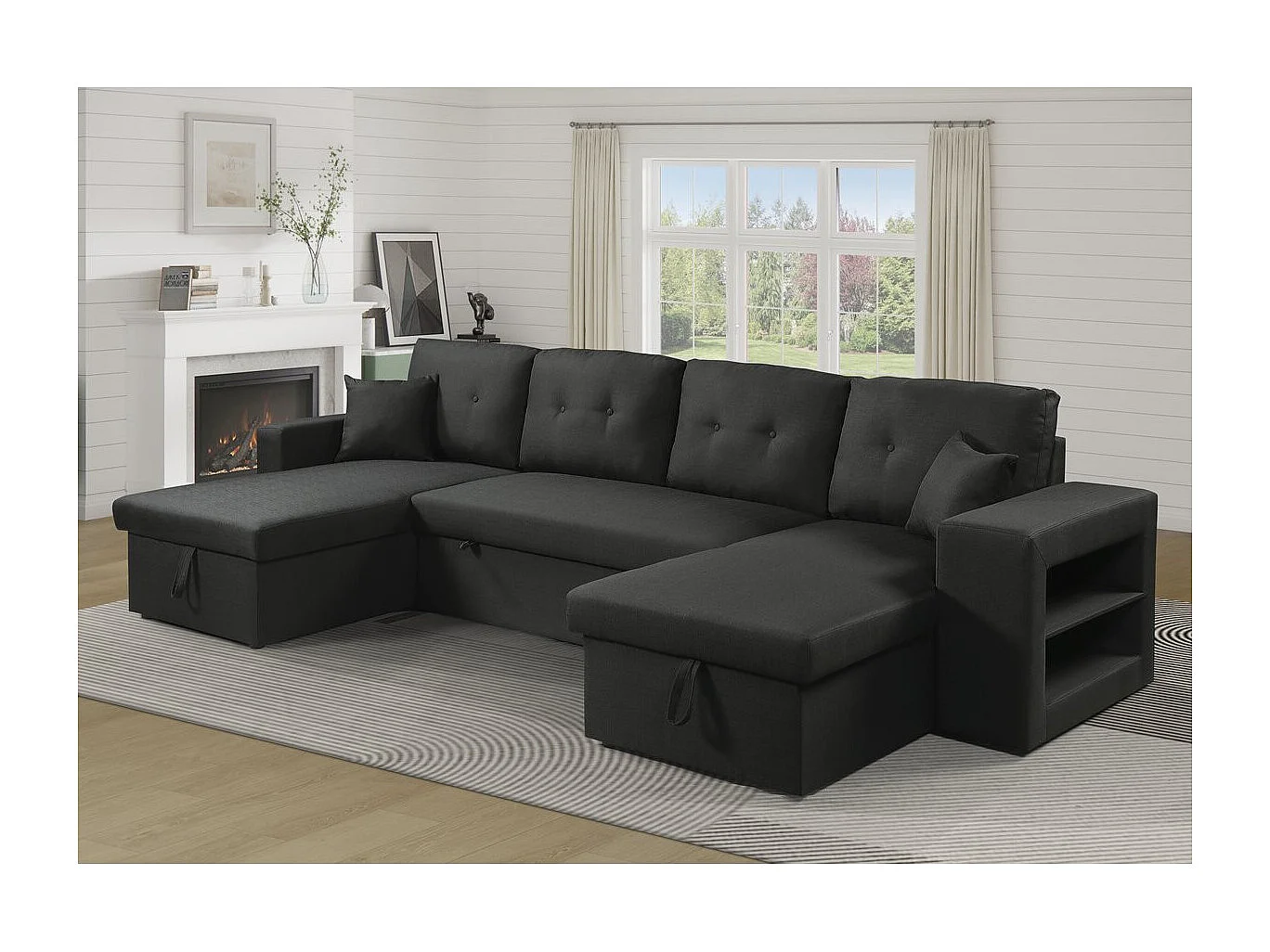 Canapé panoramique convertible en tissu "Axel" - 4 places - Noir