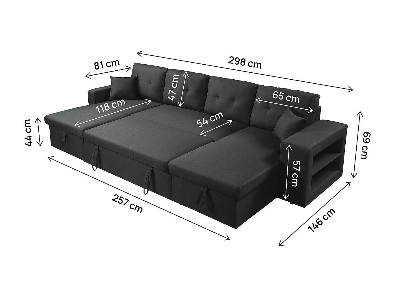 Canapé panoramique convertible en tissu "Axel" - 4 places - Noir