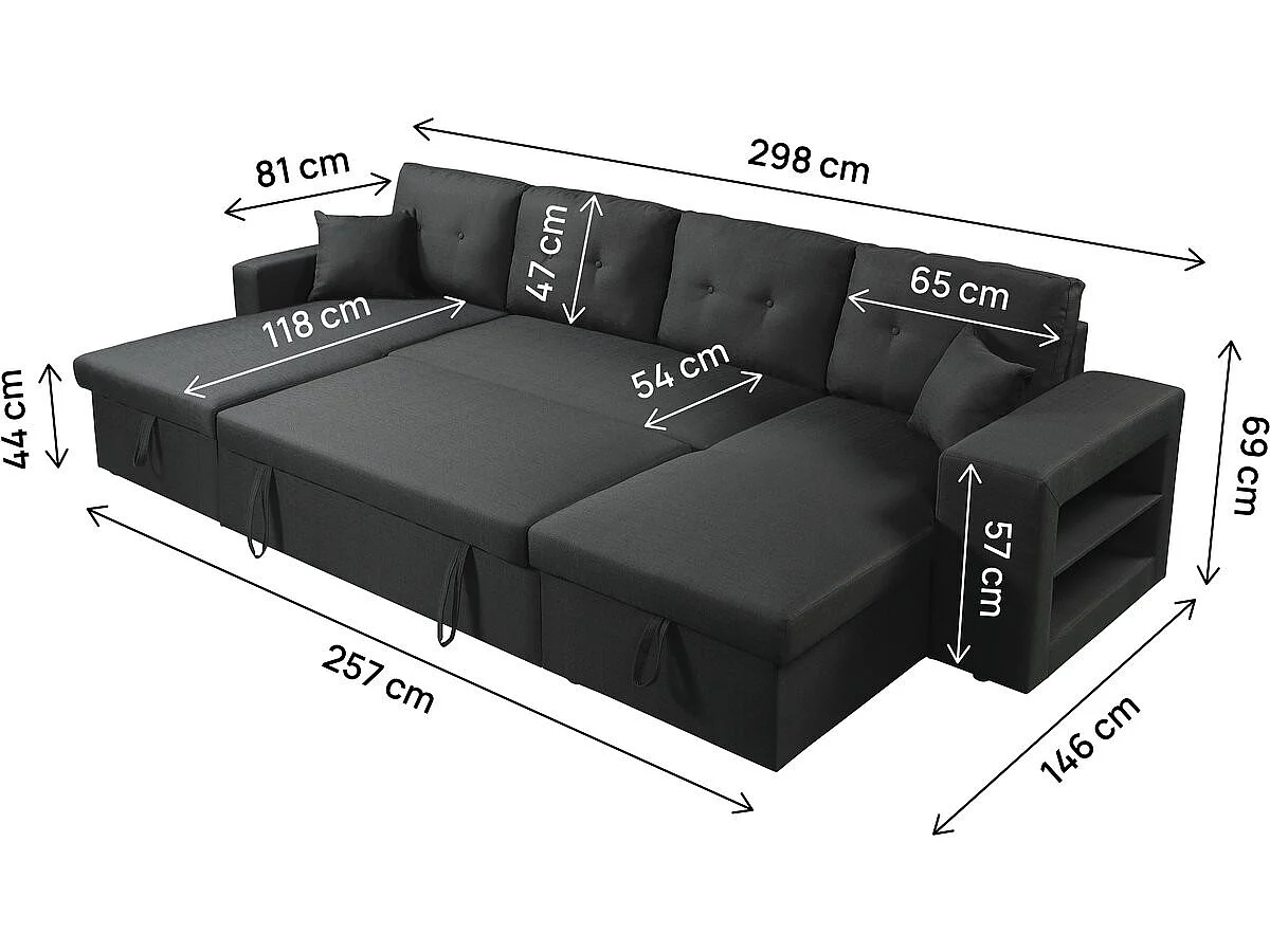 Canapé d'angle panoramique convertible 4 places en velours noir AXEL