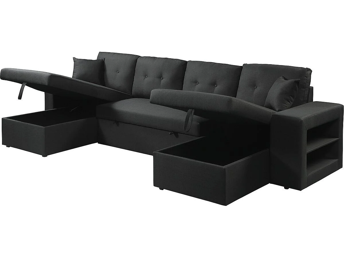 Canapé d'angle panoramique convertible 4 places en velours noir AXEL