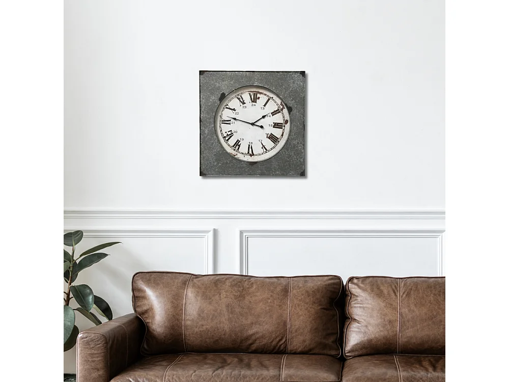 Grande horloge murale décorative vintage salon métal gris blanc 62.5cm