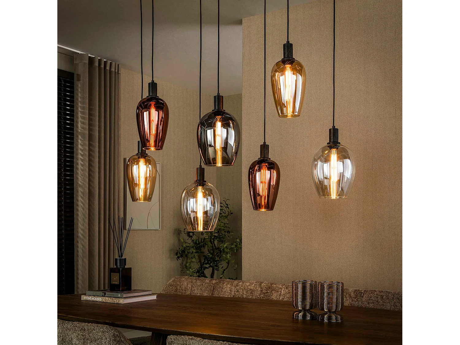 Suspension cuisine verre multicolore 7 abat-jour NIAGARA