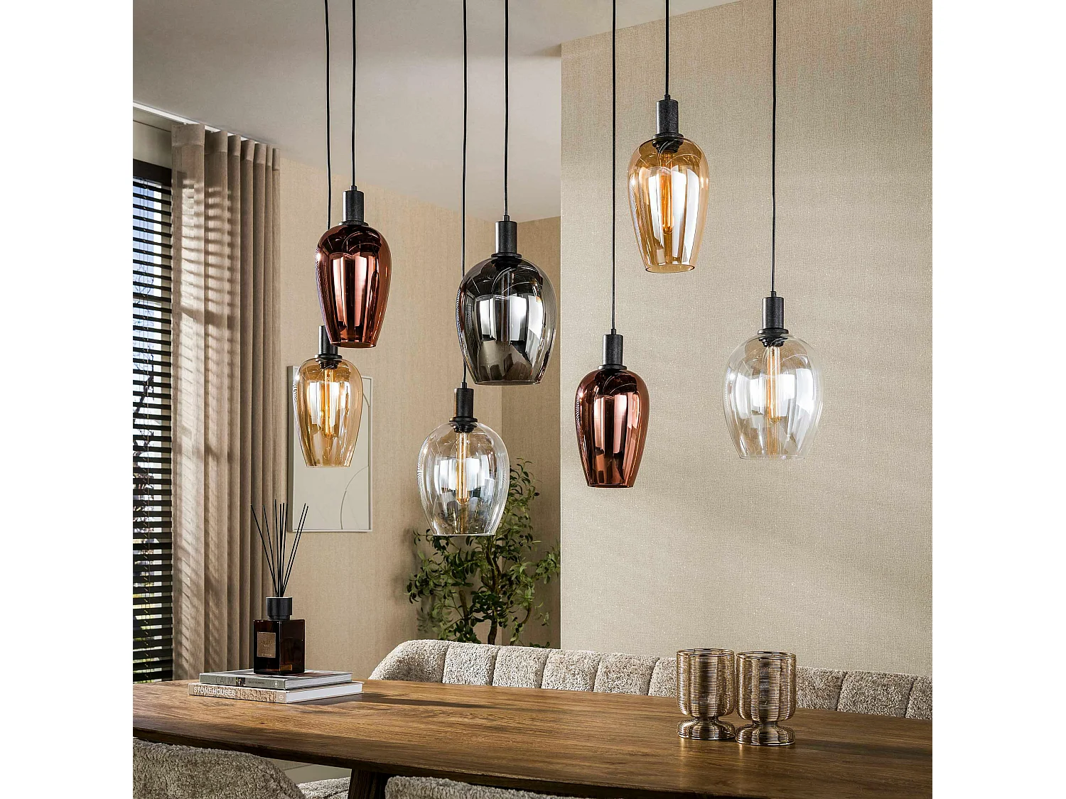 Suspension cuisine verre multicolore 7 abat-jour NIAGARA