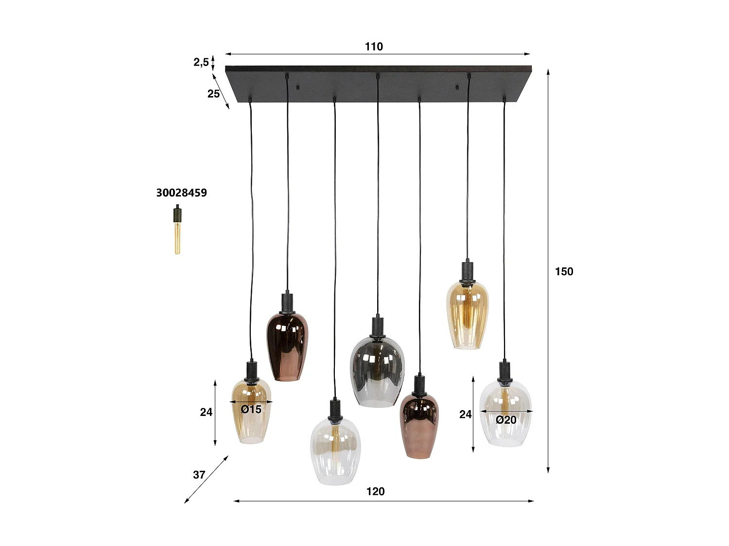 Suspension cuisine verre multicolore 7 abat-jour NIAGARA