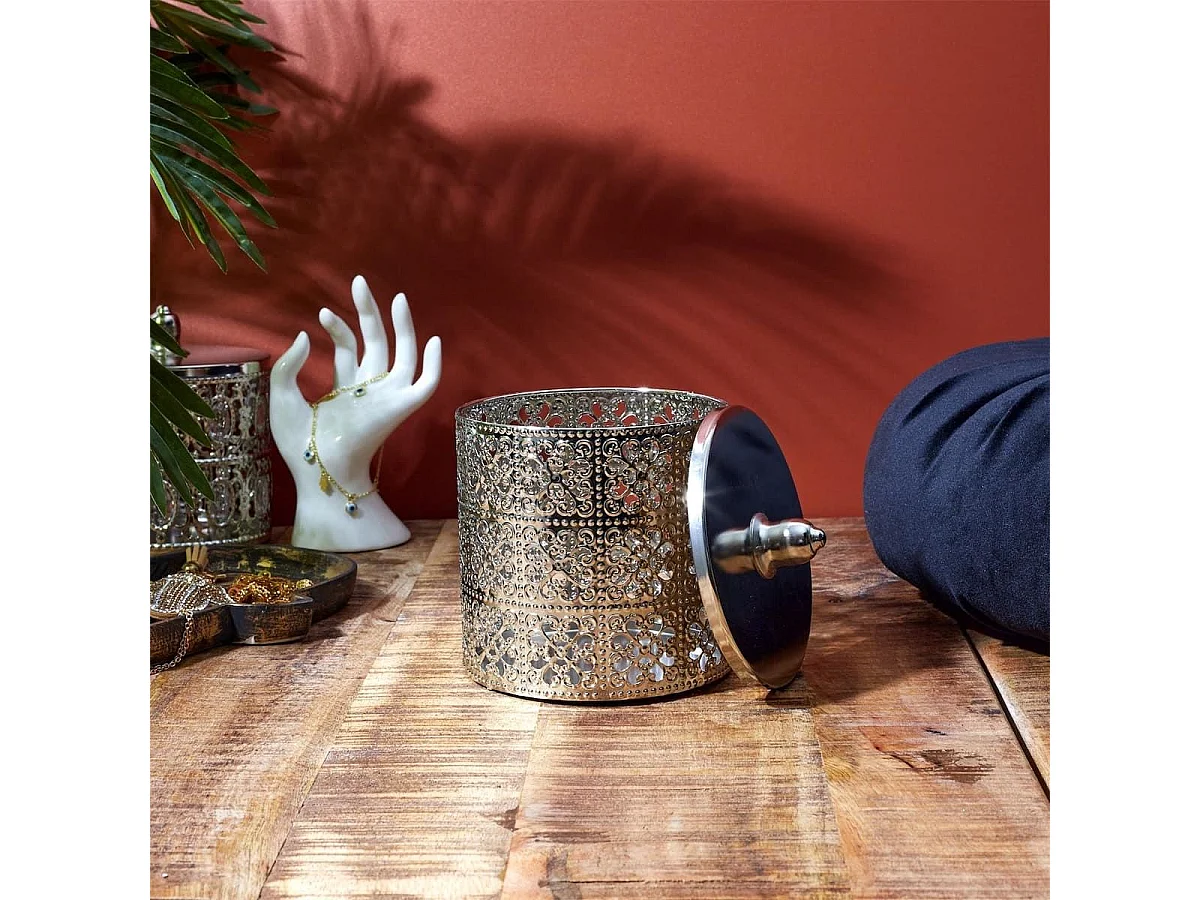Boîte décorative en fer argenté avec couvercle style marocain (H14,8 cm)
