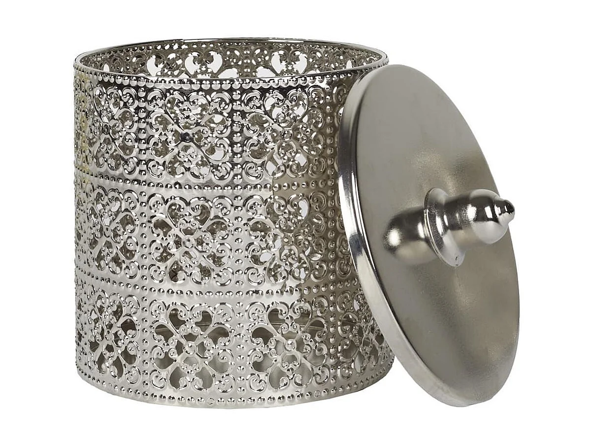 Boîte décorative en fer argenté avec couvercle style marocain (H14,8 cm)