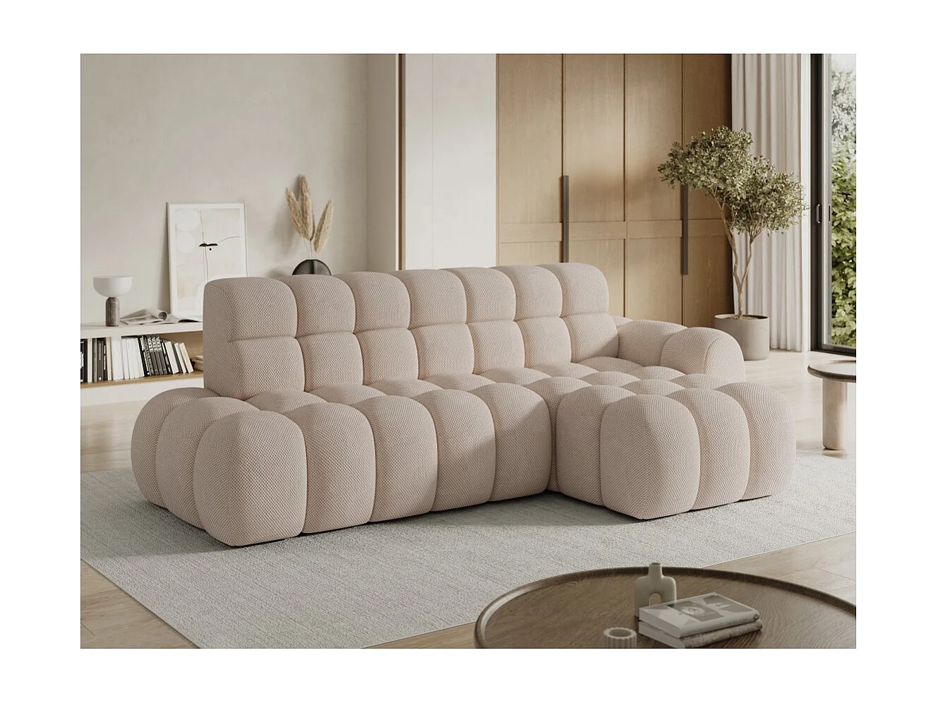 Canapé d'angle convertible BULLA 3 places beige angle droit – tissu nid d'abeille avec extension d'assise électrique