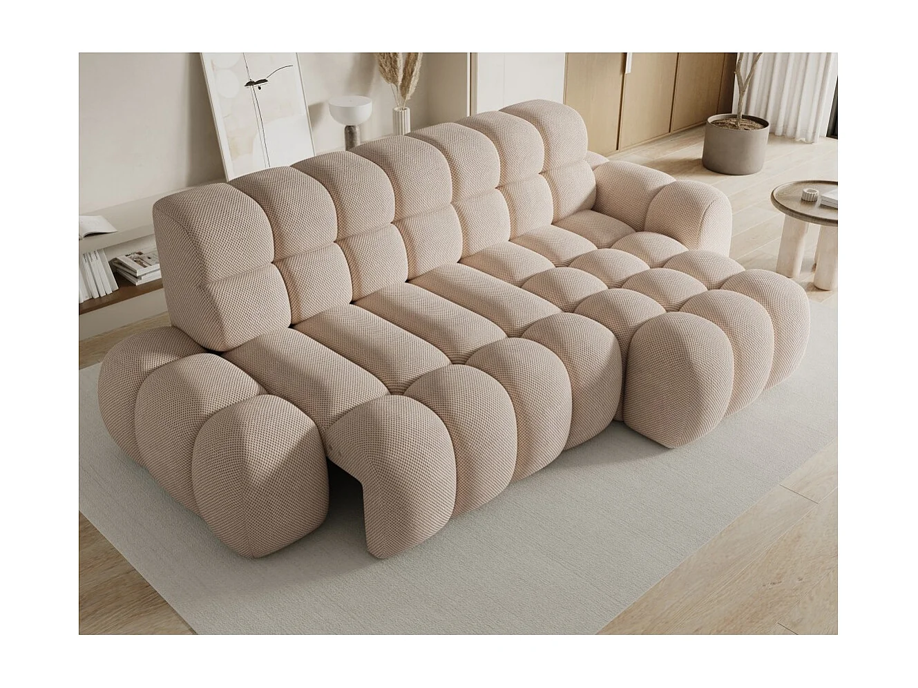 Canapé d'angle convertible BULLA 3 places beige angle droit – tissu nid d'abeille avec extension d'assise électrique
