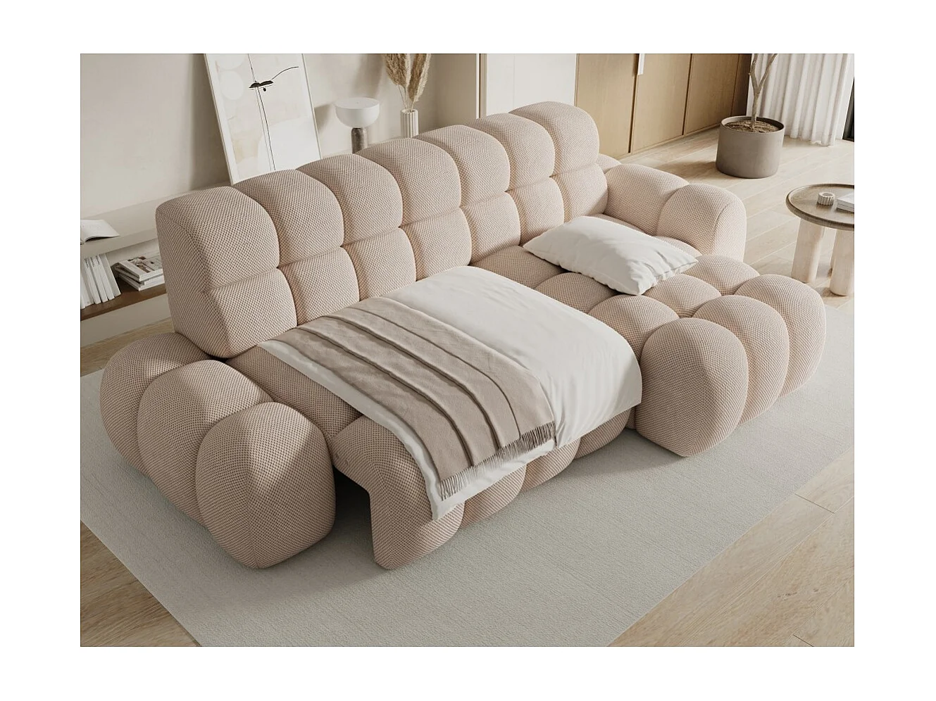 Canapé d'angle convertible BULLA 3 places beige angle droit – tissu nid d'abeille avec extension d'assise électrique