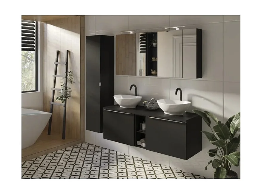 Meuble de rangement VANTA 80 cm noir – Caisson mural suspendu avec portes et miroirs