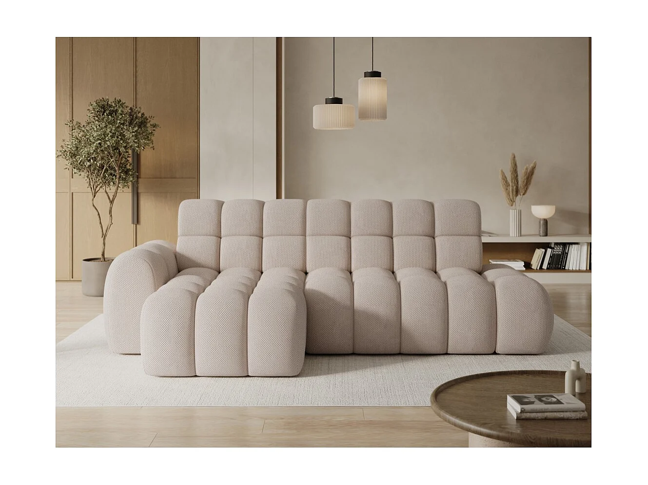 Canapé d'angle convertible BULLA 3 places beige angle gauche – tissu nid d'abeille avec extension d'assise électrique