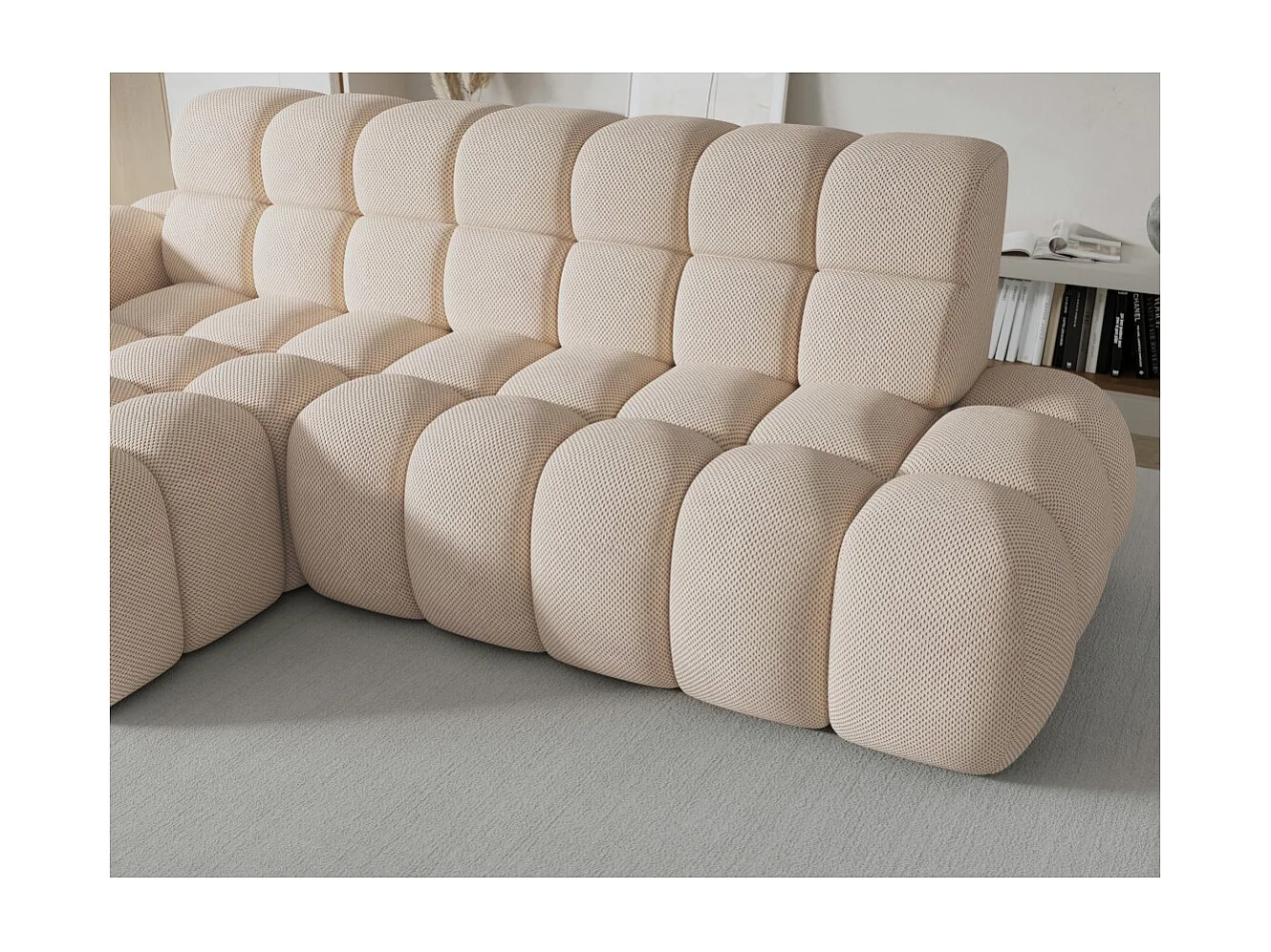 Canapé d'angle convertible BULLA 3 places beige angle gauche – tissu nid d'abeille avec extension d'assise électrique
