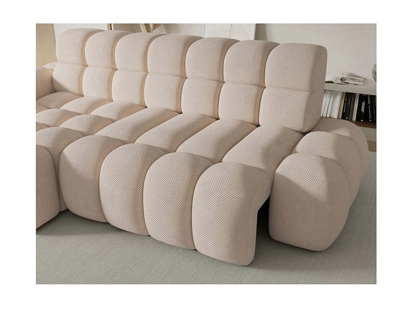 Canapé d'angle convertible BULLA 3 places beige angle gauche – tissu nid d'abeille avec extension d'assise électrique
