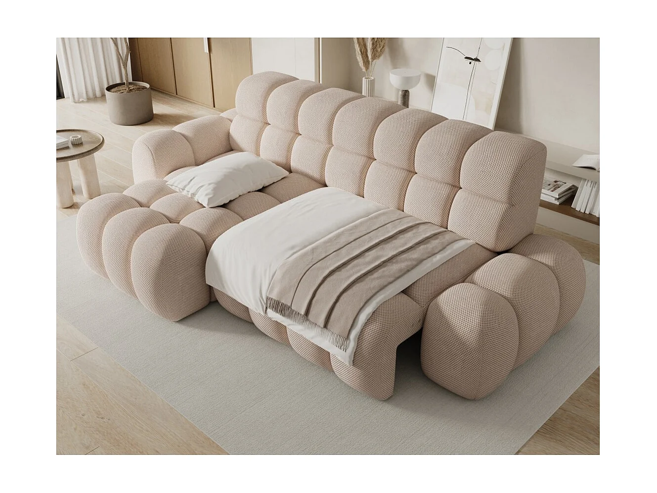 Canapé d'angle convertible BULLA 3 places beige angle gauche – tissu nid d'abeille avec extension d'assise électrique