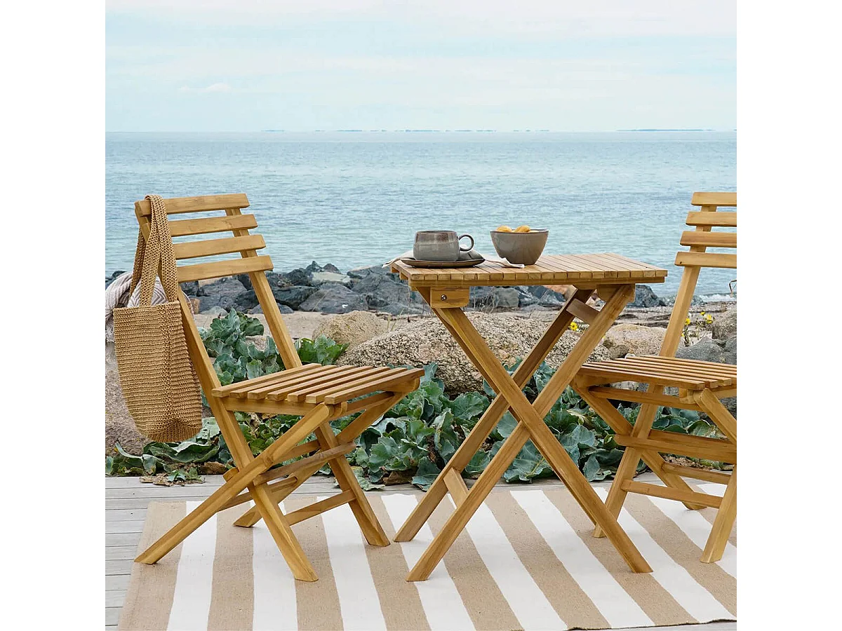 CAMILLE - Ensemble de jardin Pliant Table et 2 Chaises en Teck Massif Naturel