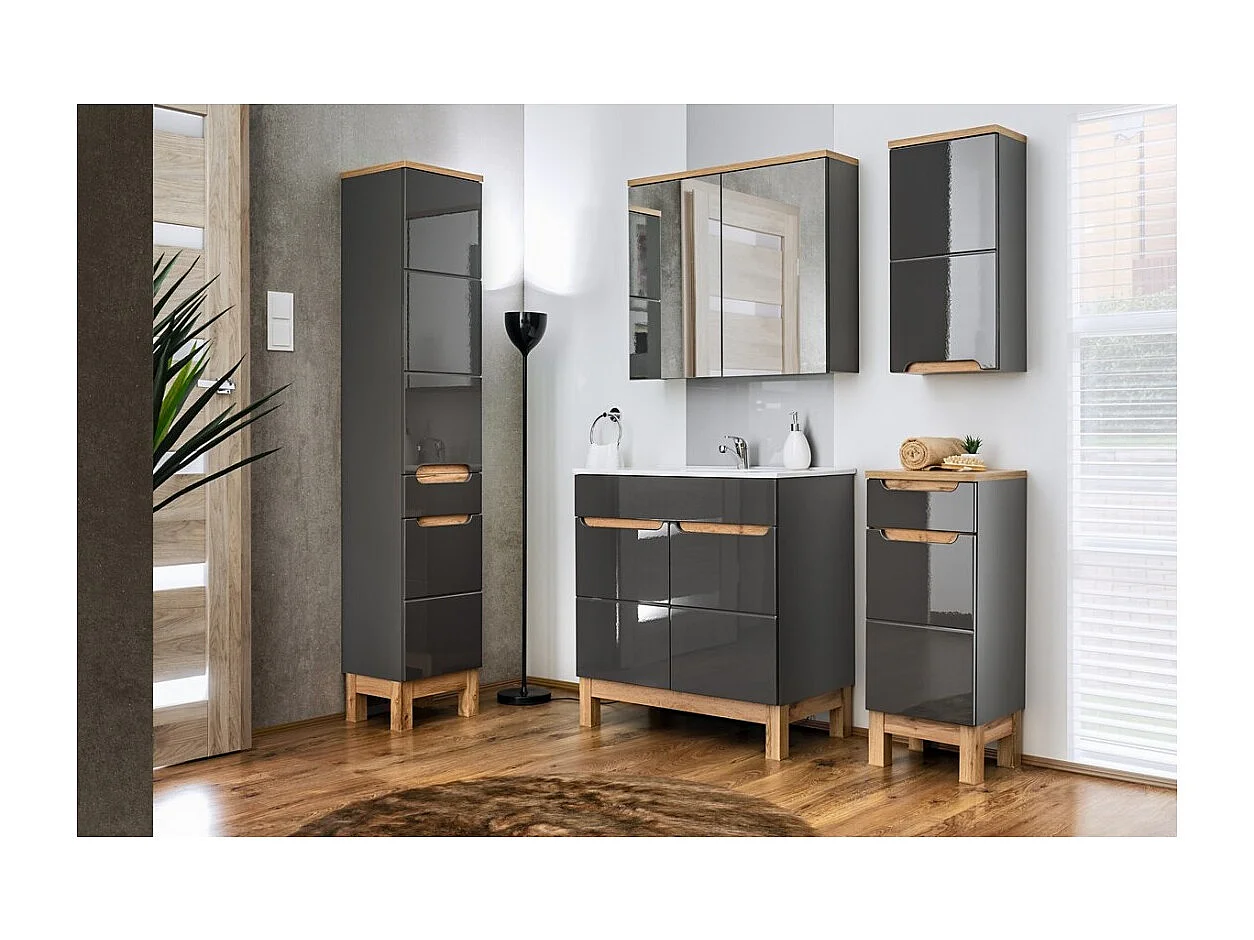 Meuble de rangement de salle de bain ERMANO – Finition bois et gris brillant, 60 cm