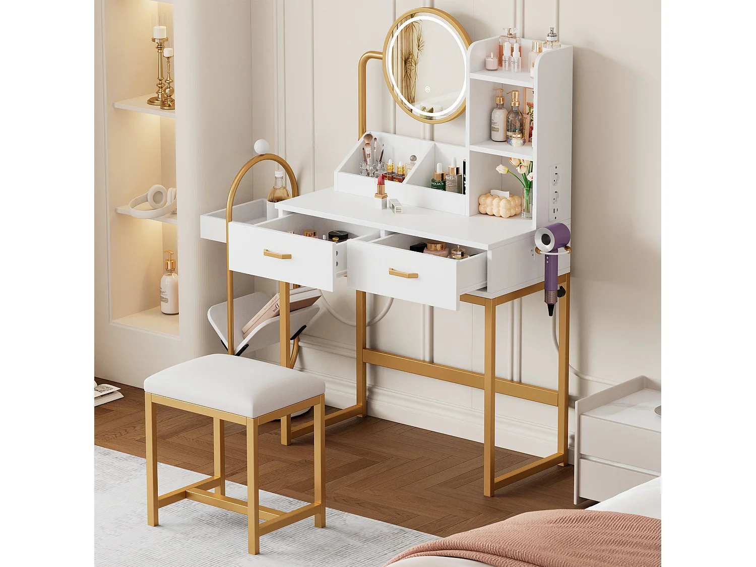 Moderner Schminktisch – 80 x 40 x 138,5 cm – mit Schwenkspiegel, LED-Beleuchtung, Hocker, 2 Schubladen und 2 offenen Regalfächern – MDF – weiß