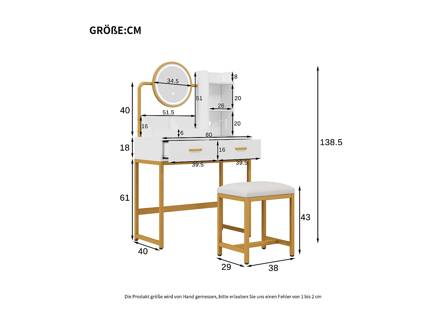 Moderner Schminktisch – 80 x 40 x 138,5 cm – mit Schwenkspiegel, LED-Beleuchtung, Hocker, 2 Schubladen und 2 offenen Regalfächern – MDF – weiß