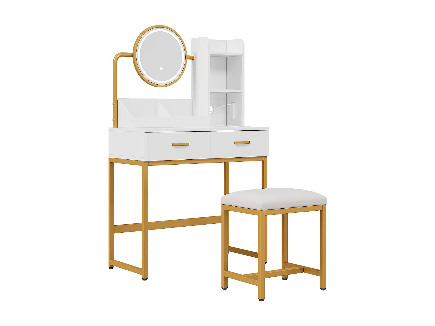 Moderner Schminktisch – 80 x 40 x 138,5 cm – mit Schwenkspiegel, LED-Beleuchtung, Hocker, 2 Schubladen und 2 offenen Regalfächern – MDF – weiß