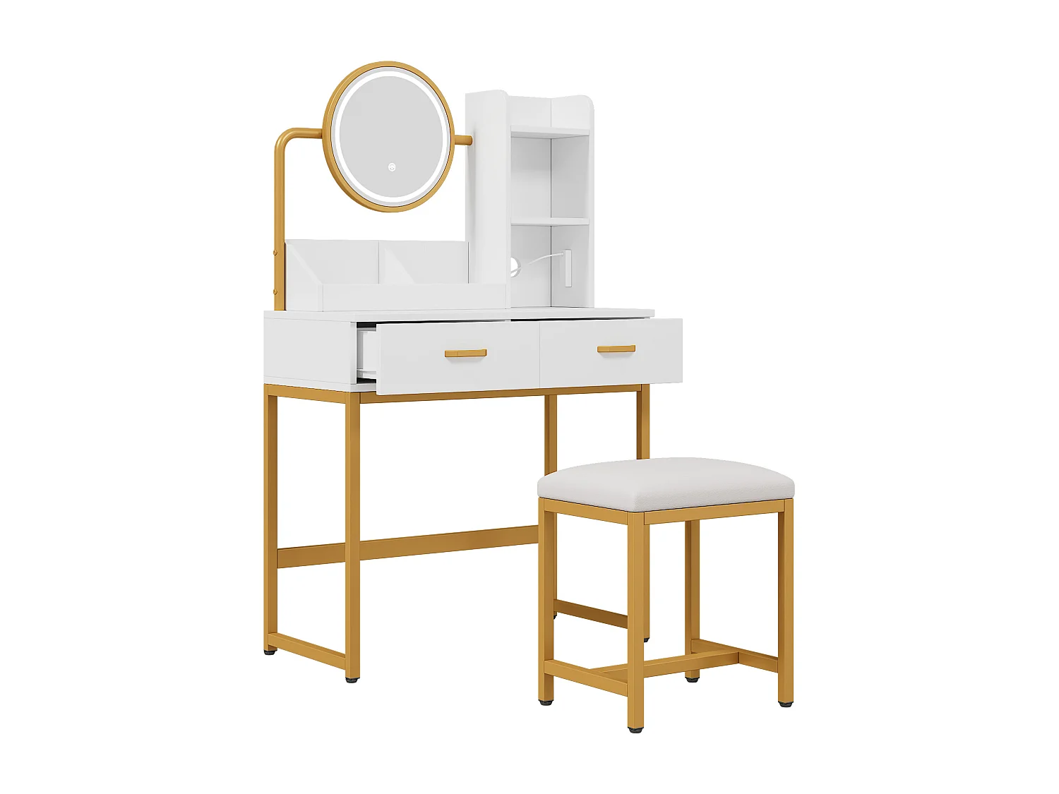 Moderner Schminktisch – 80 x 40 x 138,5 cm – mit Schwenkspiegel, LED-Beleuchtung, Hocker, 2 Schubladen und 2 offenen Regalfächern – MDF – weiß