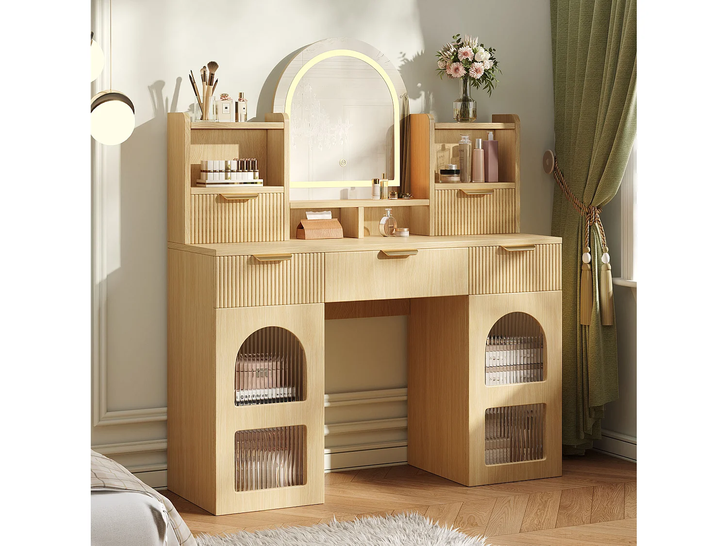 Moderner Schminktisch – 120 x 40 x 139,5 cm – mit LED-Beleuchtung und Spiegel + 3 Schubladen + 2 Türen + Ablagen – MDF + Spanplatte – Natur