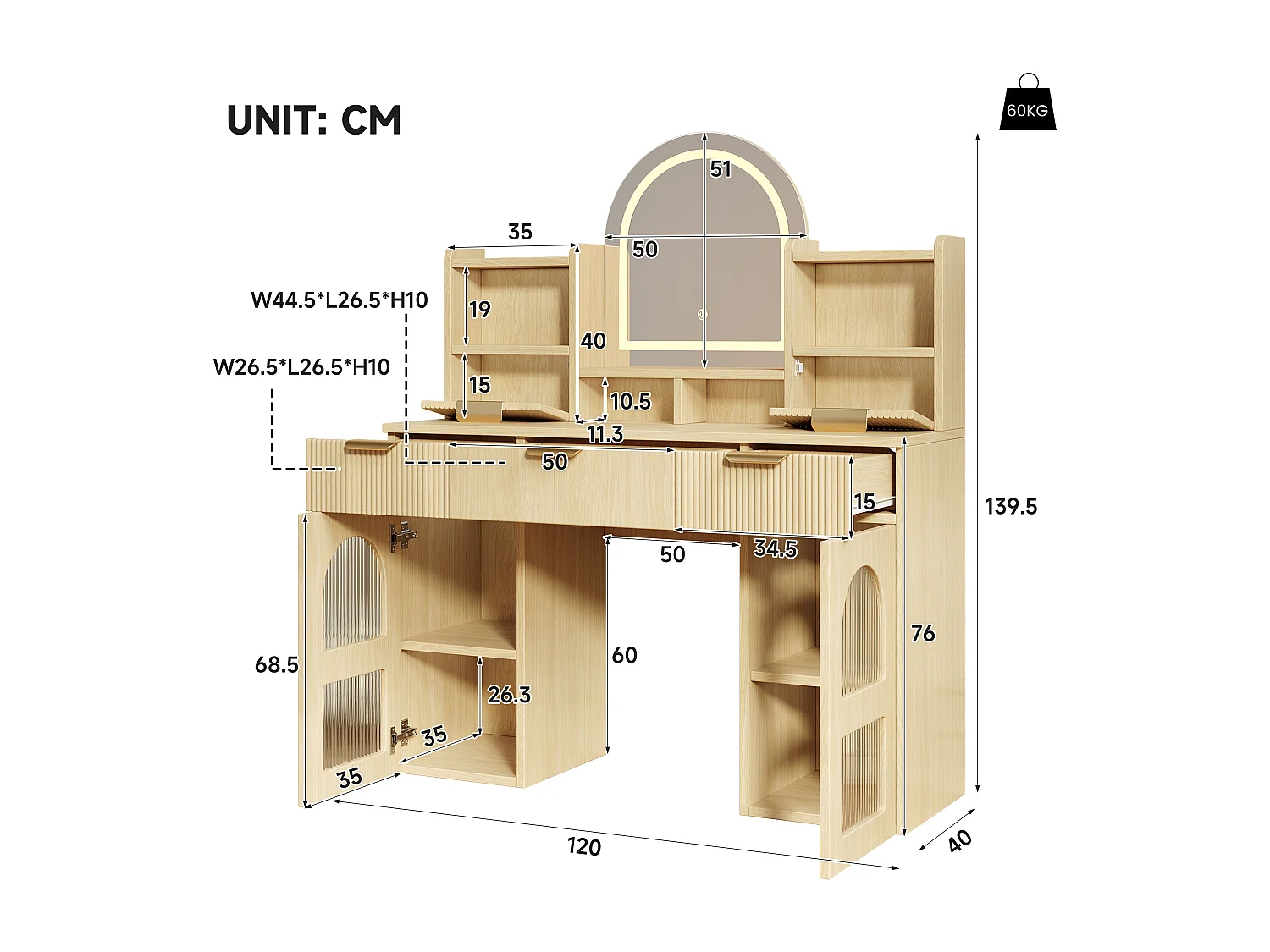 Moderner Schminktisch – 120 x 40 x 139,5 cm – mit LED-Beleuchtung und Spiegel + 3 Schubladen + 2 Türen + Ablagen – MDF + Spanplatte – Natur