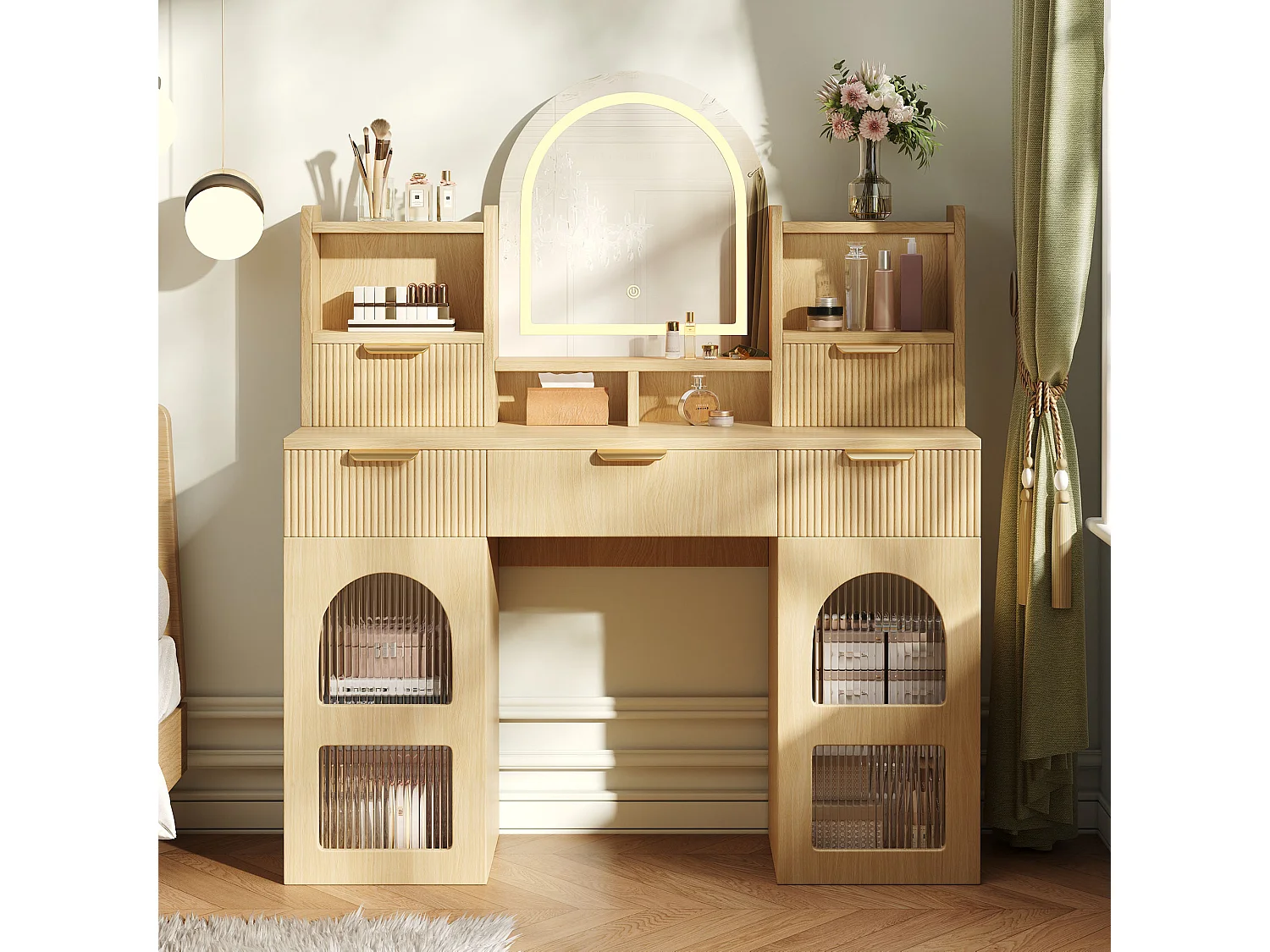 Moderner Schminktisch – 120 x 40 x 139,5 cm – mit LED-Beleuchtung und Spiegel + 3 Schubladen + 2 Türen + Ablagen – MDF + Spanplatte – Natur