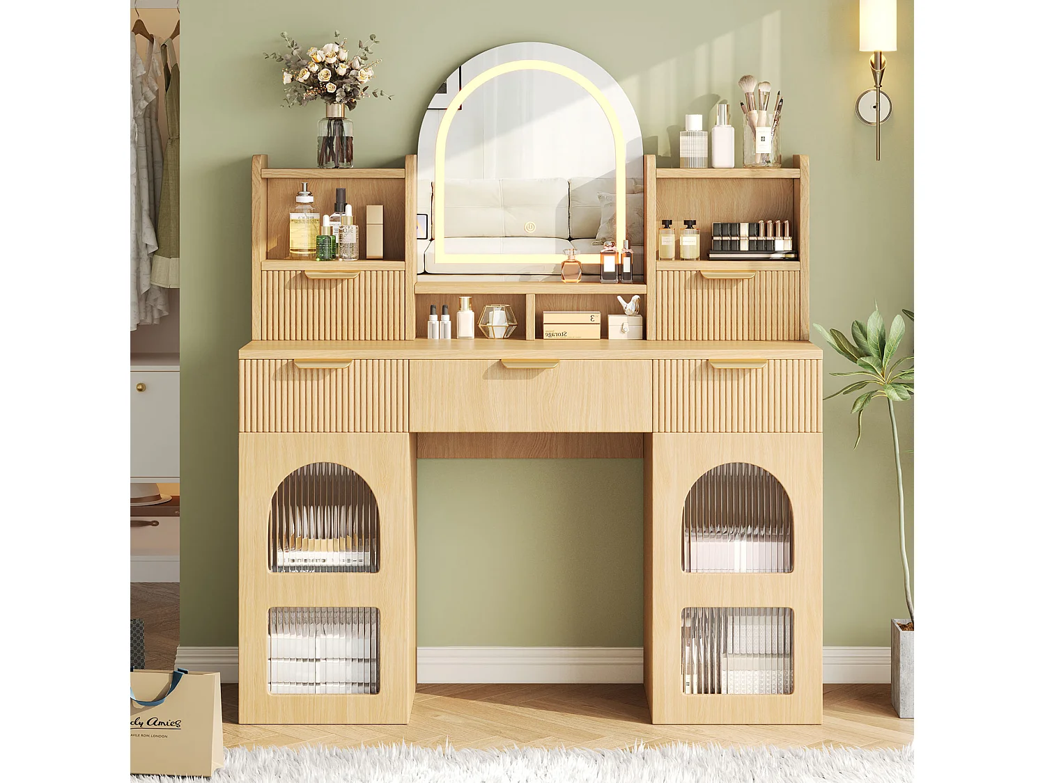 Moderner Schminktisch – 120 x 40 x 139,5 cm – mit LED-Beleuchtung und Spiegel + 3 Schubladen + 2 Türen + Ablagen – MDF + Spanplatte – Natur