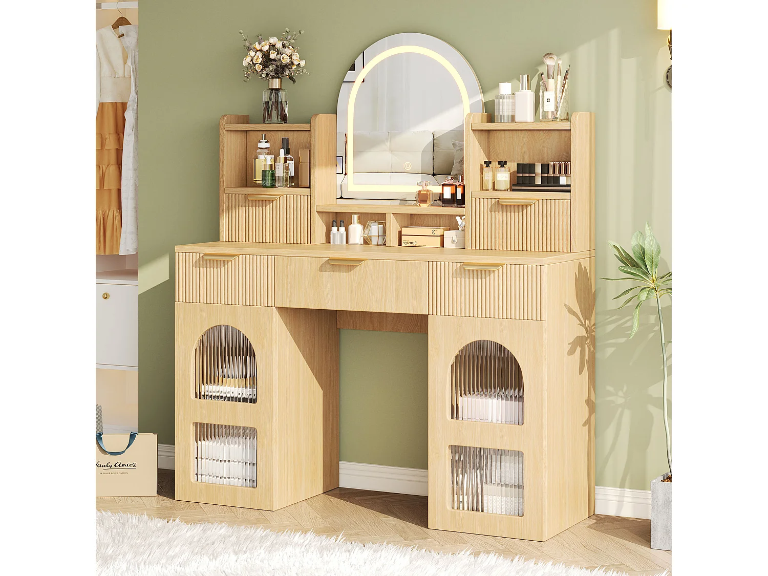 Moderner Schminktisch – 120 x 40 x 139,5 cm – mit LED-Beleuchtung und Spiegel + 3 Schubladen + 2 Türen + Ablagen – MDF + Spanplatte – Natur