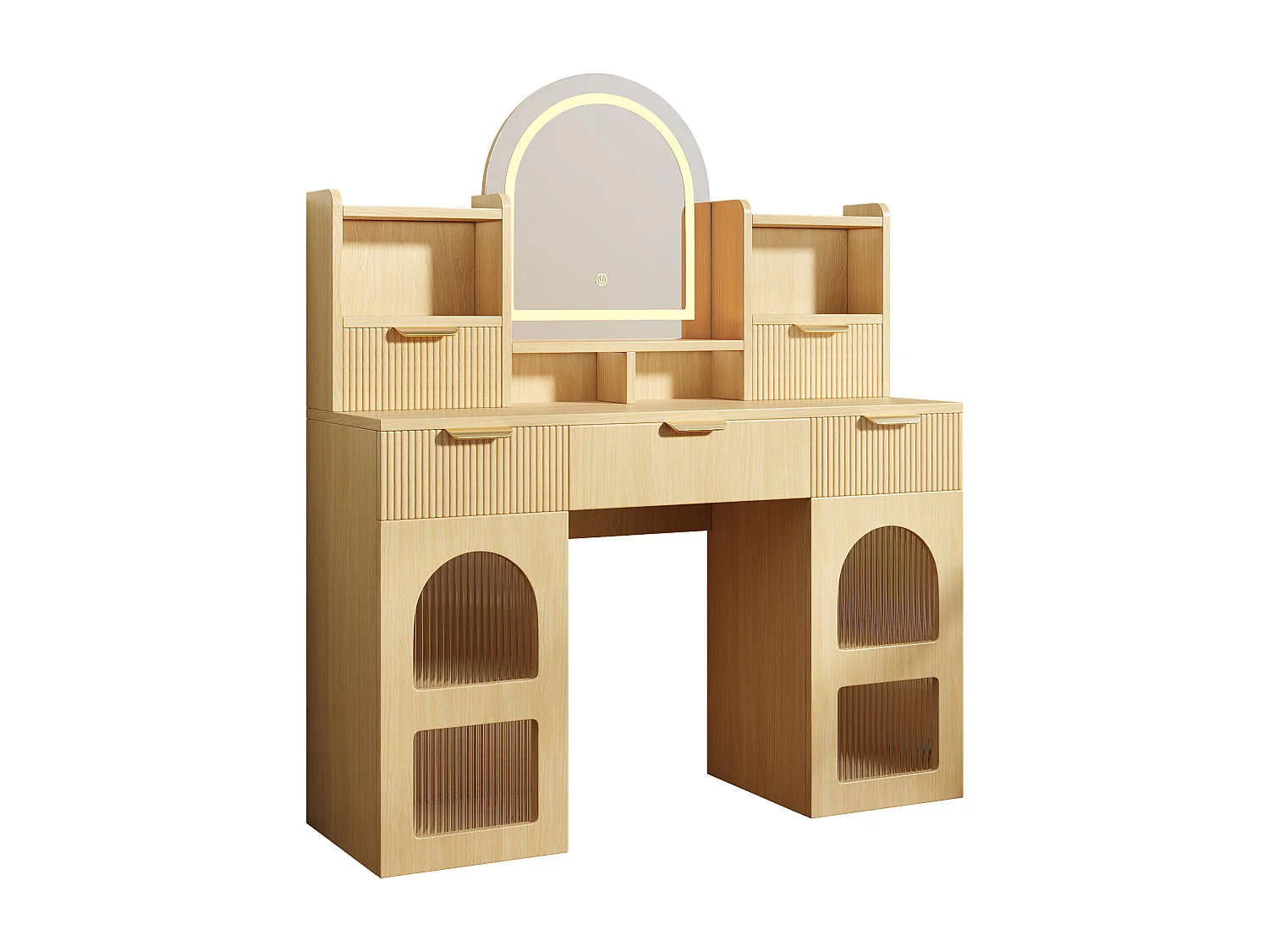 Moderner Schminktisch – 120 x 40 x 139,5 cm – mit LED-Beleuchtung und Spiegel + 3 Schubladen + 2 Türen + Ablagen – MDF + Spanplatte – Natur