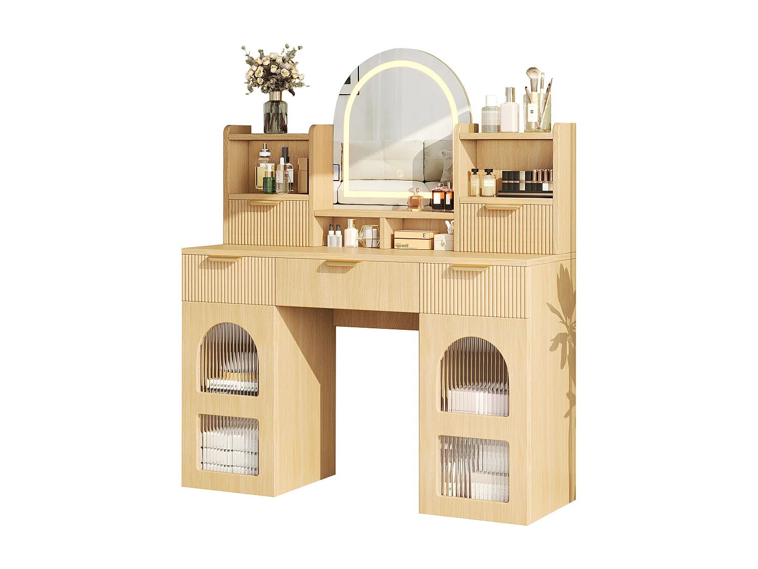 Moderner Schminktisch – 120 x 40 x 139,5 cm – mit LED-Beleuchtung und Spiegel + 3 Schubladen + 2 Türen + Ablagen – MDF + Spanplatte – Natur