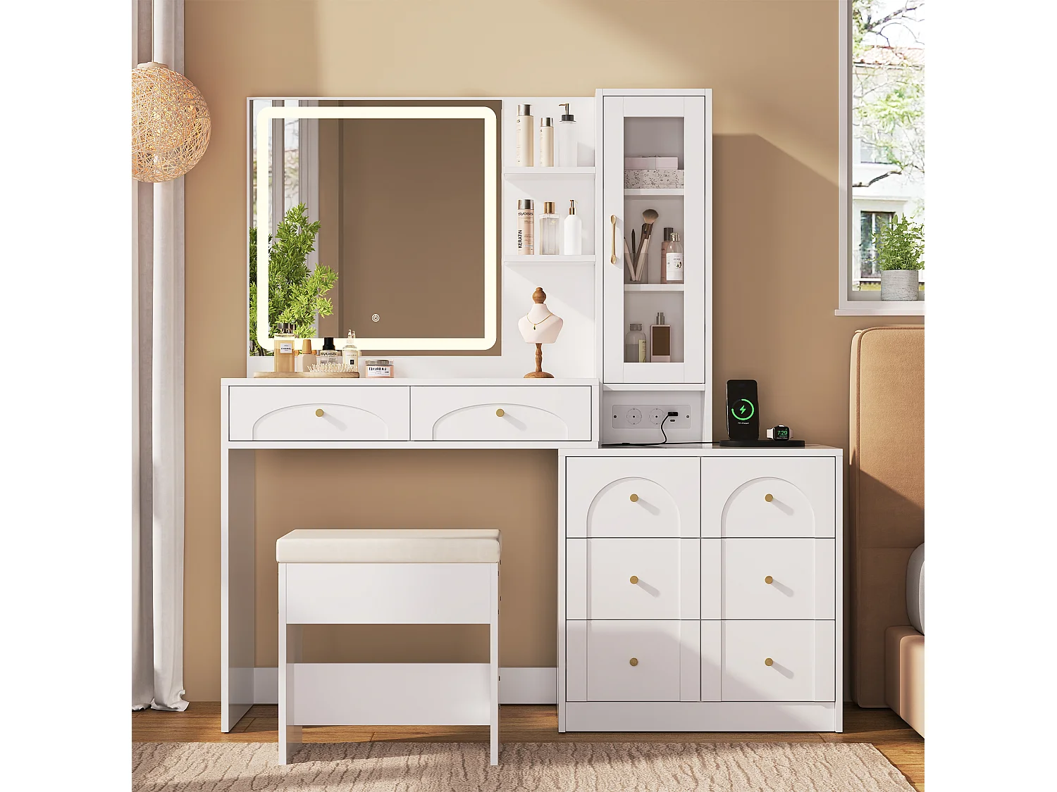 Moderner Schminktisch – 131,5 x 40 x 140 cm – mit LED-Spiegel, Hocker, 8 Schubladen, Ablagen und Glastür – MDF – weiß