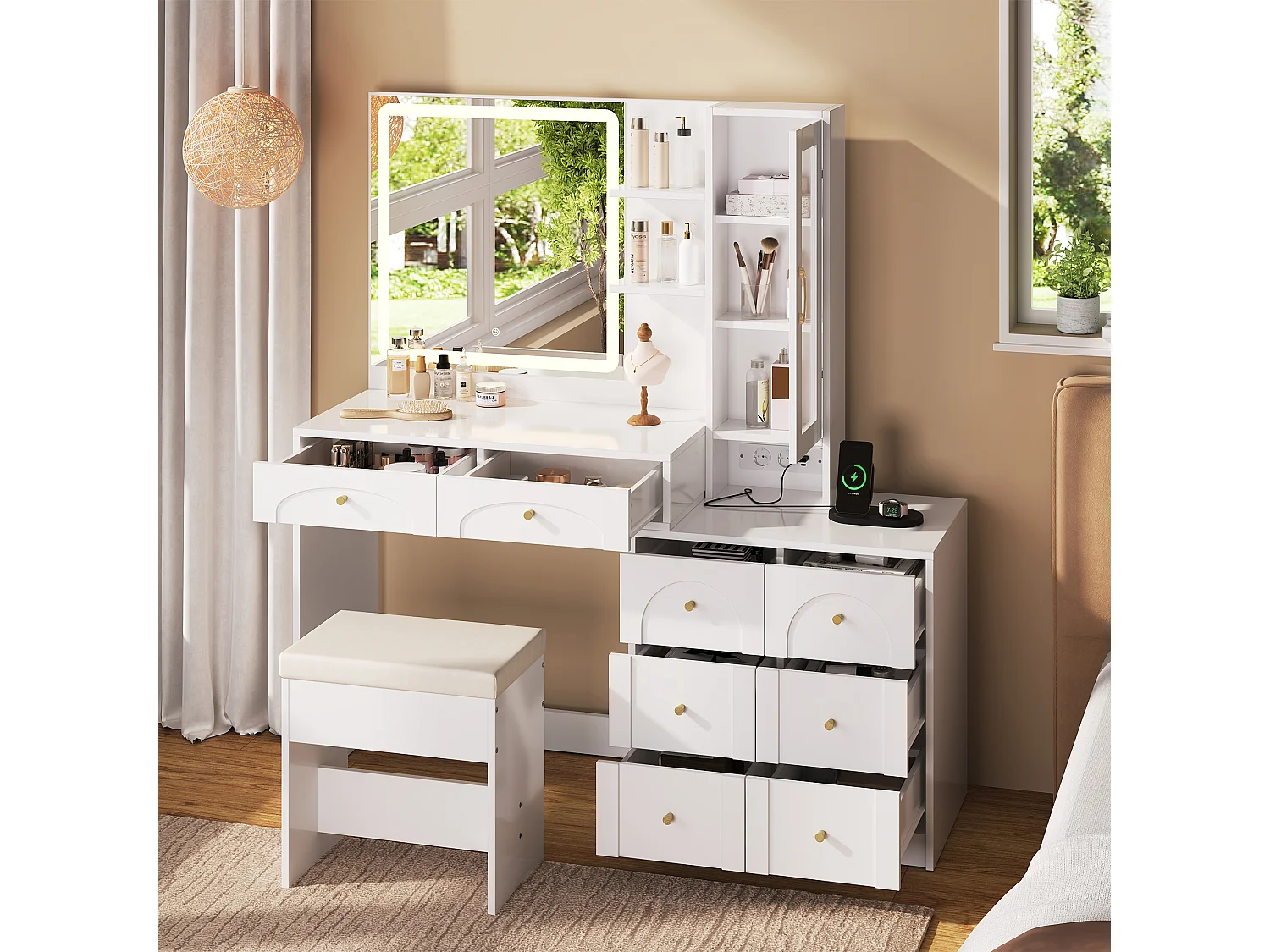 Moderner Schminktisch – 131,5 x 40 x 140 cm – mit LED-Spiegel, Hocker, 8 Schubladen, Ablagen und Glastür – MDF – weiß