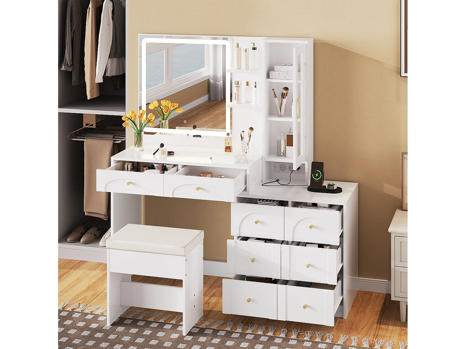 Moderner Schminktisch – 131,5 x 40 x 140 cm – mit LED-Spiegel, Hocker, 8 Schubladen, Ablagen und Glastür – MDF – weiß