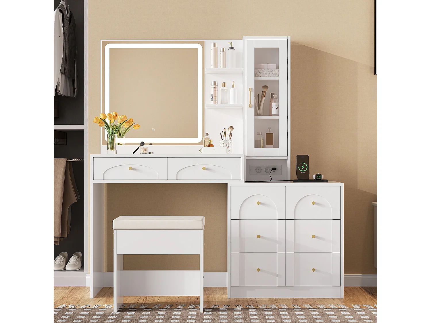 Moderner Schminktisch – 131,5 x 40 x 140 cm – mit LED-Spiegel, Hocker, 8 Schubladen, Ablagen und Glastür – MDF – weiß